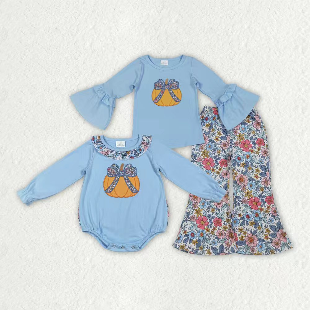 Fall pumpkins design girls long sleeve matching outfit