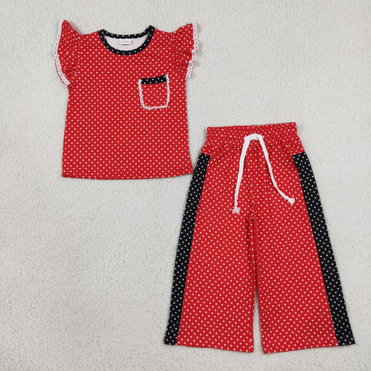 Red polka dots flutter sleeve top matching pants girls outfit