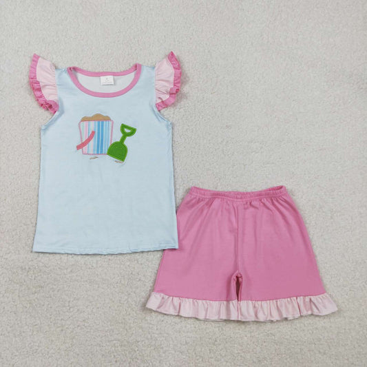 Beach style embroidery top matching shorts girl outfit