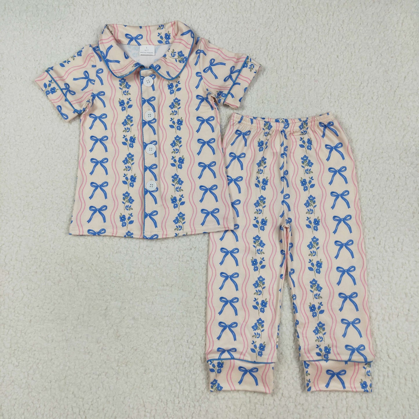 Baby girl blue bow floral long sleeve pajama set clothes