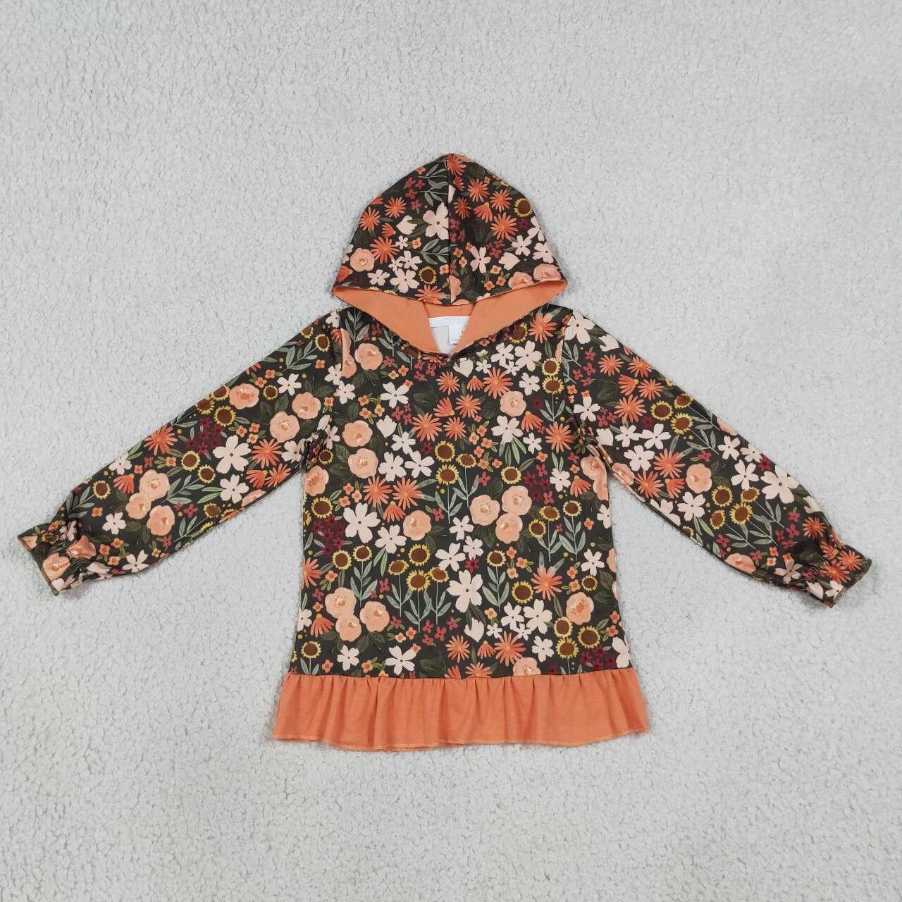 Orange flowers print girls long sleeve hoodie top