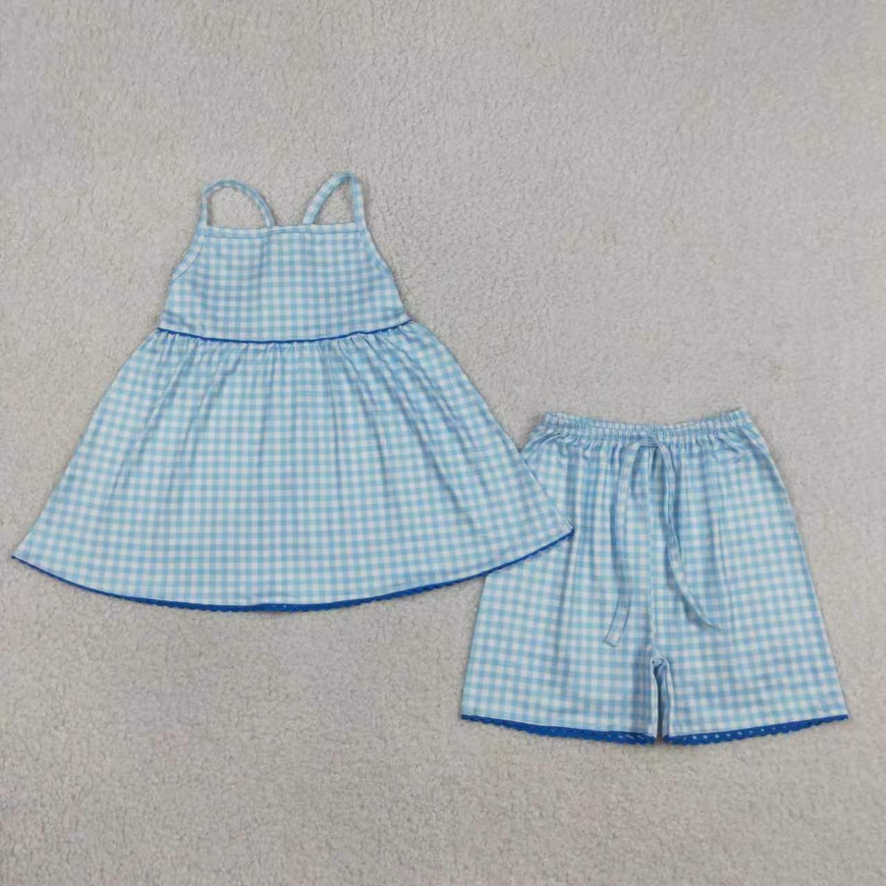 Blue flowers design top matching shorts girls summer outfit