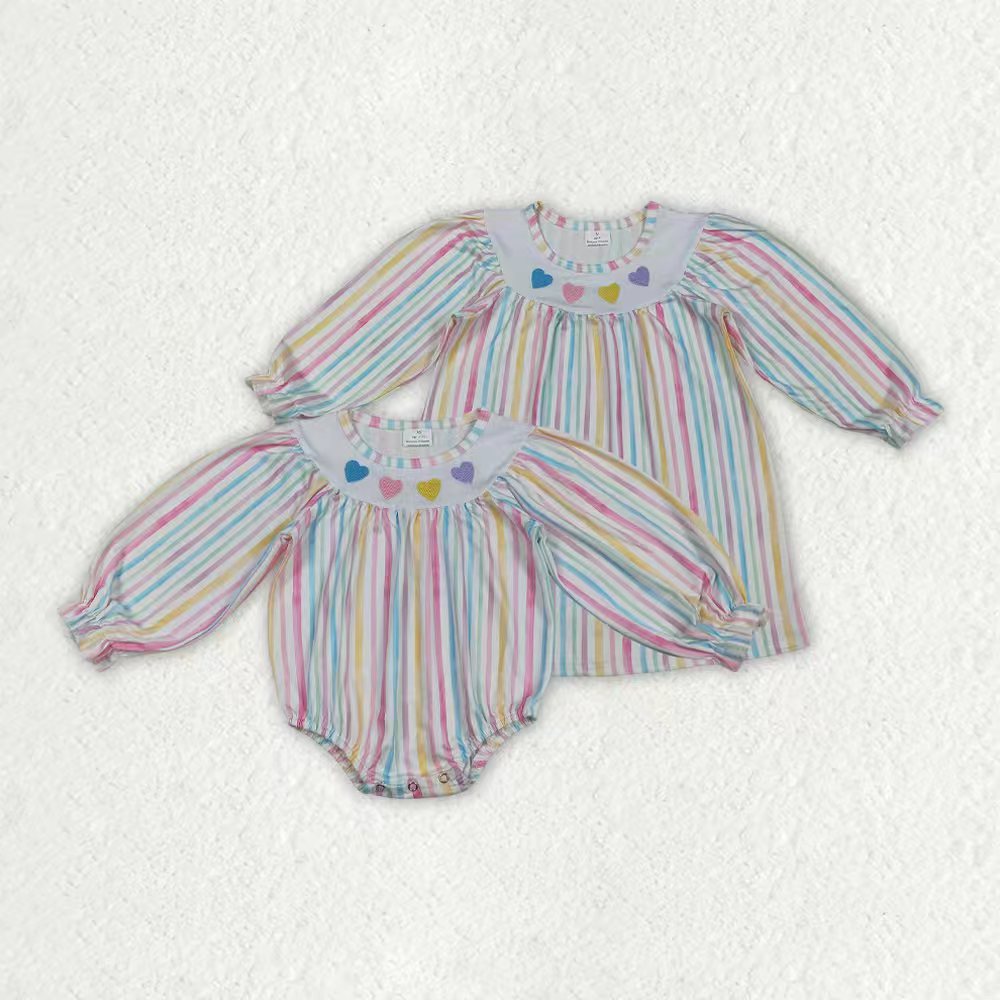 Embroidery Valentines heart baby girl long sleeve stripes dress