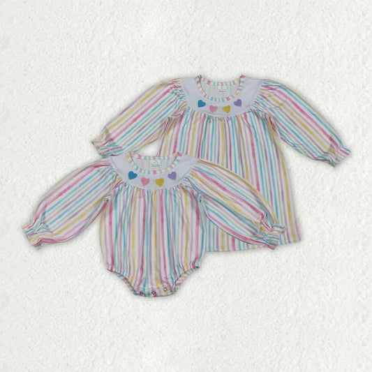 Embroidery Valentines heart baby girl long sleeve stripes dress