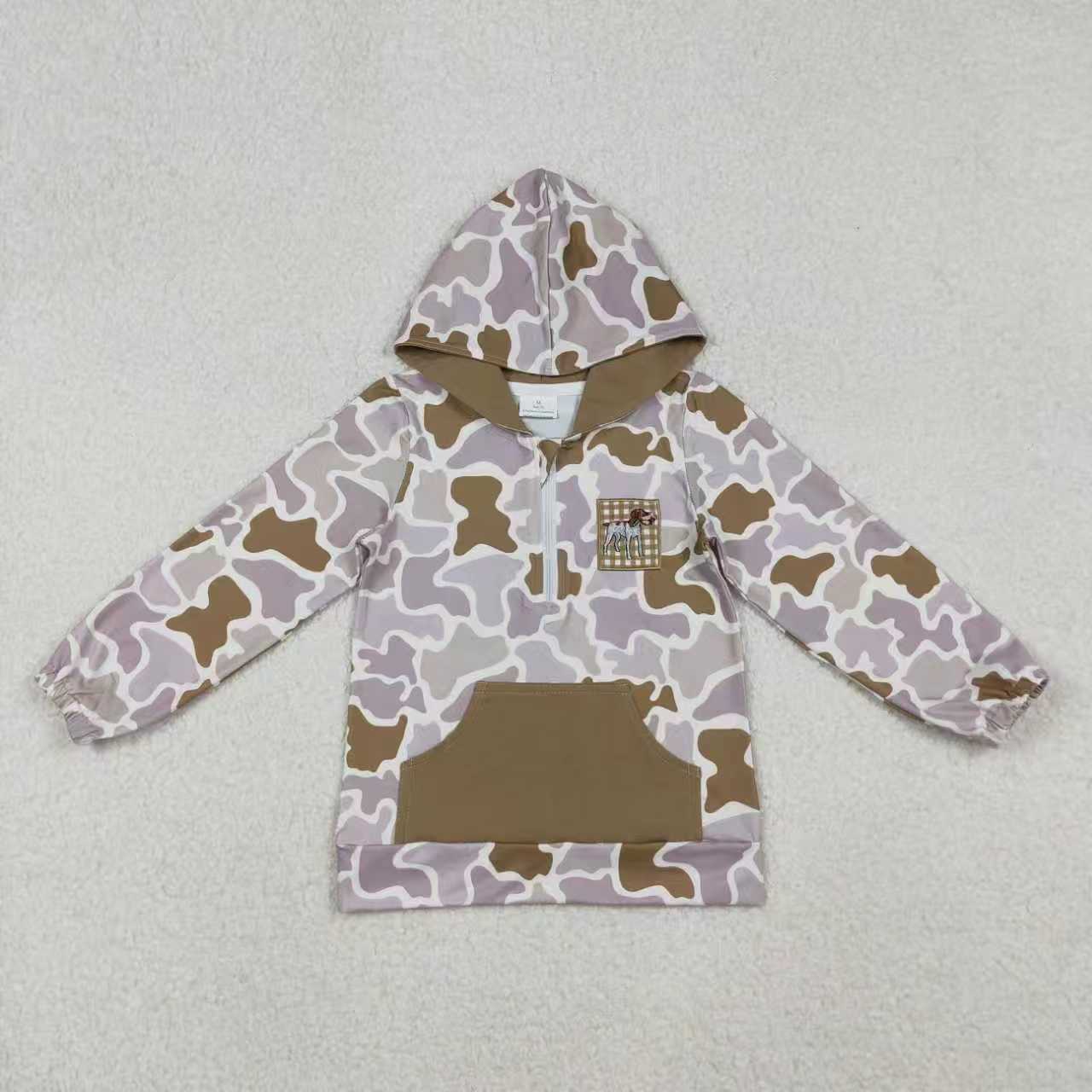 Baby girl grey camo dog duck embroidery design long sleeve hoodie top