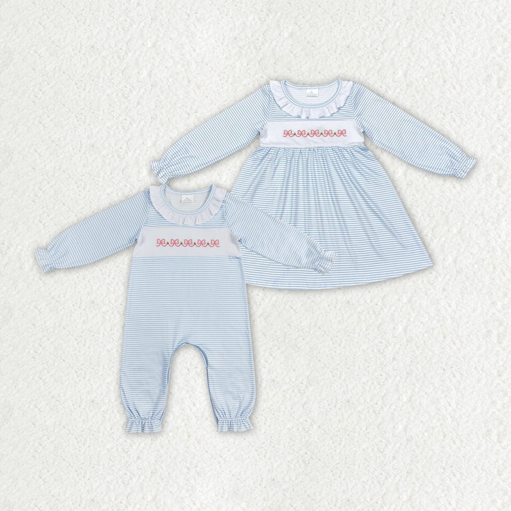 best sister blue stripes baby girls long sleeve embroidery clothes