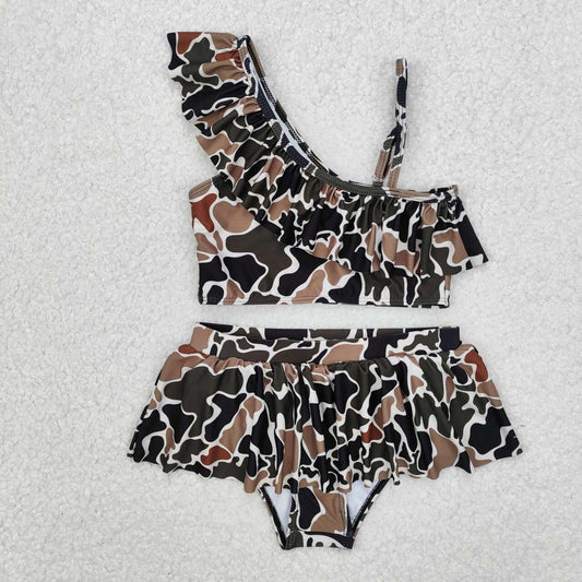 baby girls dark green brown camo two pieces swimwear