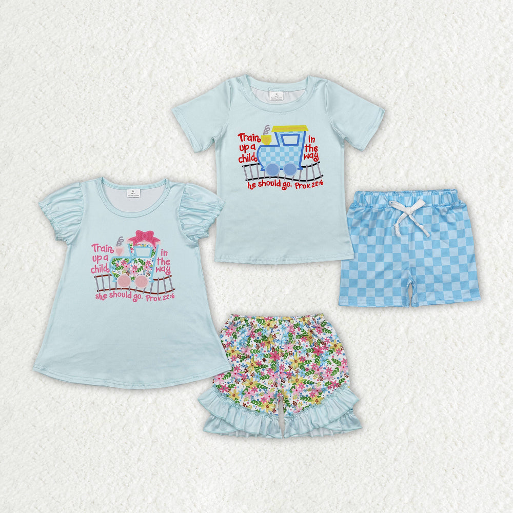 Sister brother kids baby train print summer outfit