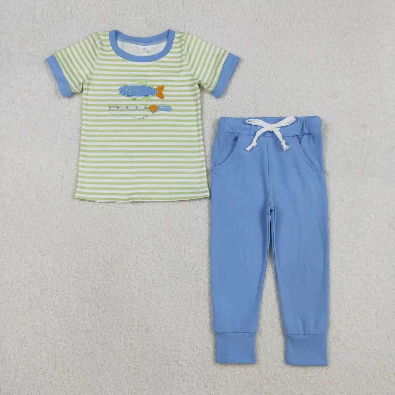 Embroidery fishing top matching pants boy outfit