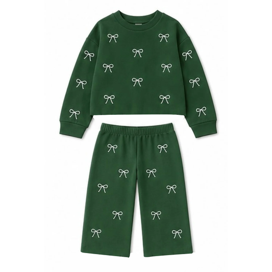 Toddle kids custom bow design girl long sleeve green color clothes wholesale price