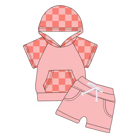 baby boy short sleeve pink checkered hoodie outfit