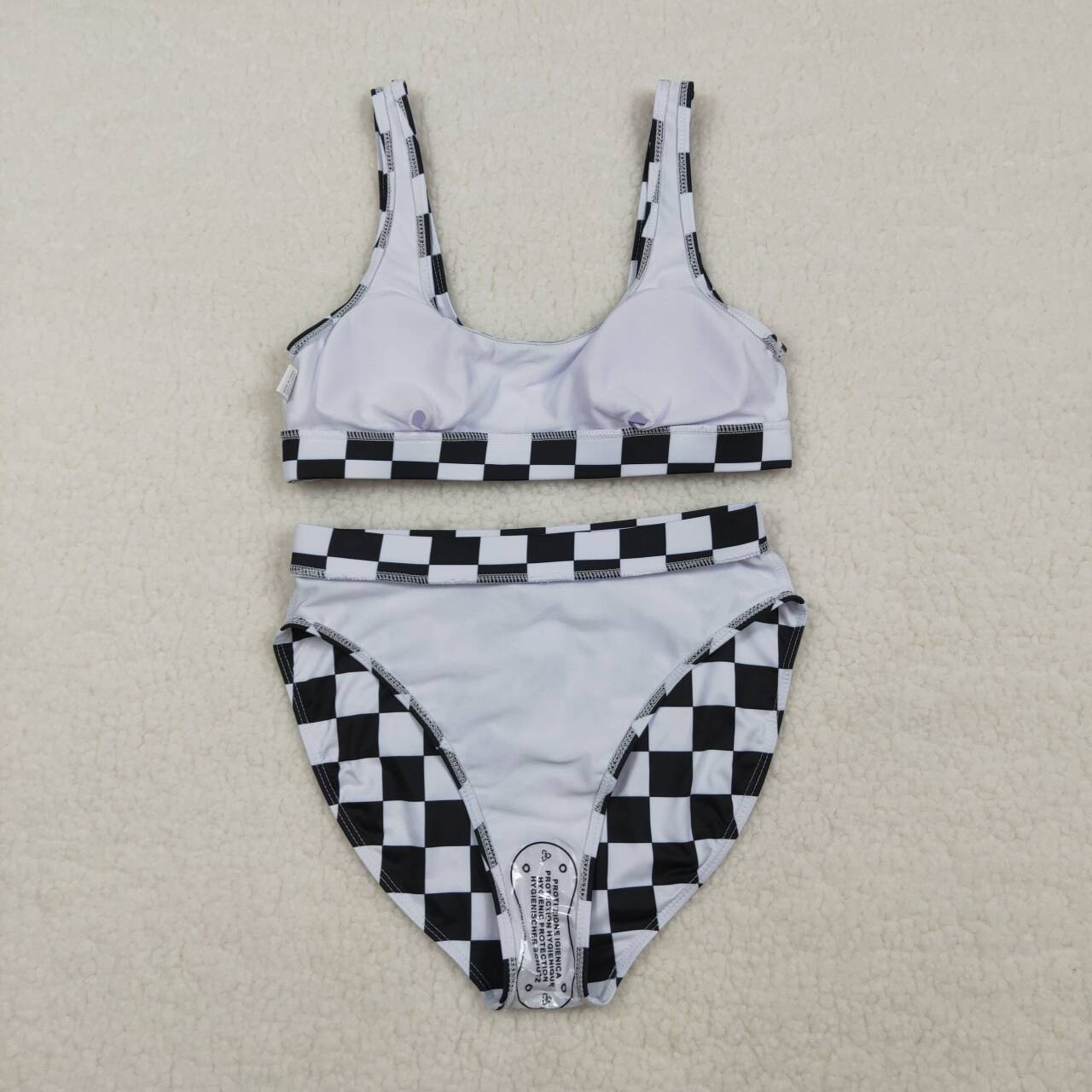 Adult women black checkered two pieces swimwear