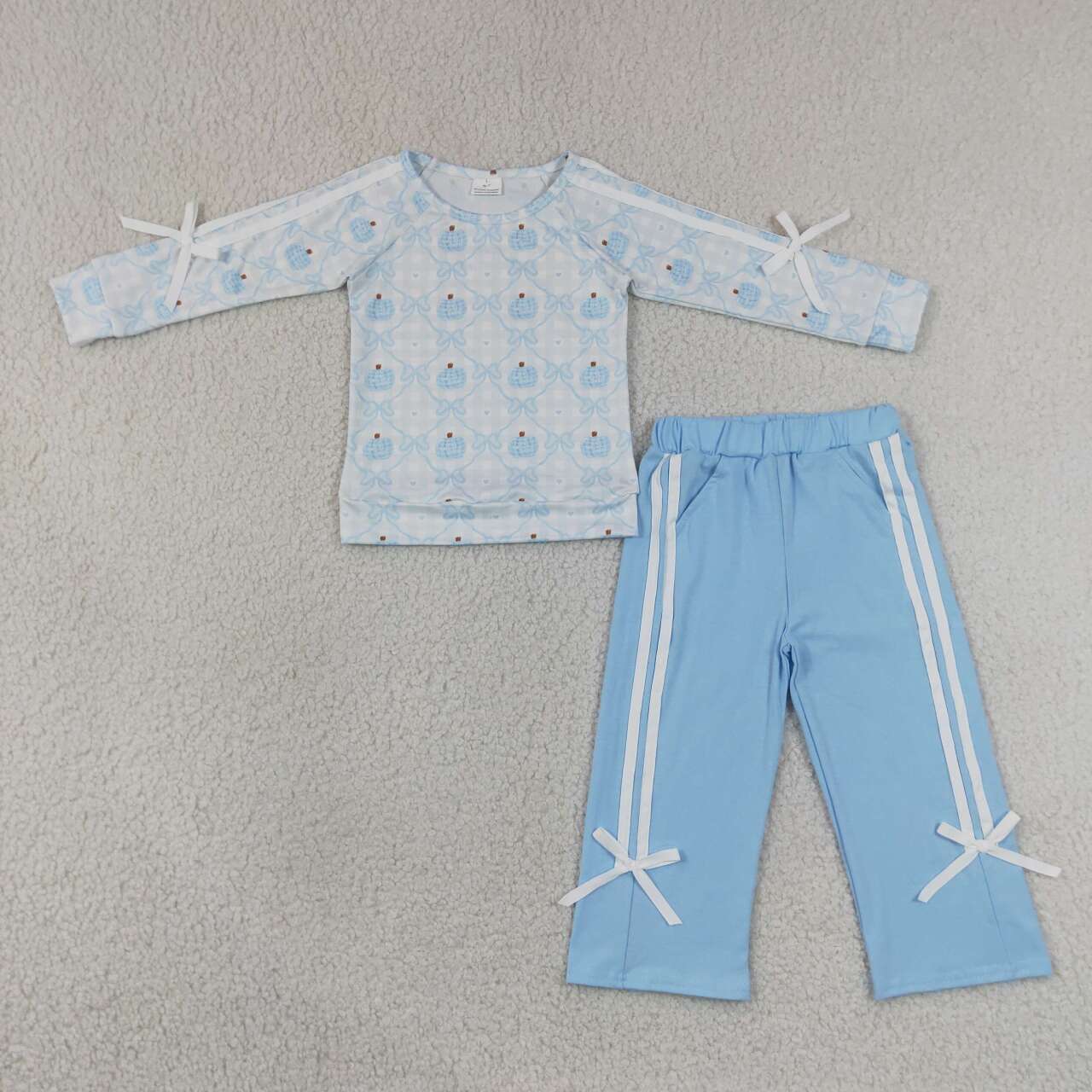 Blue bow Pumpkins long sleeve top matching pants girls fall outfit