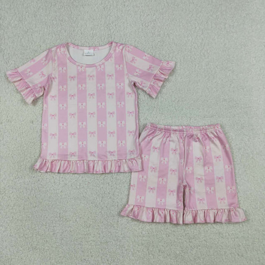 Pink bow short sleeve top matching shorts girls summer outfit