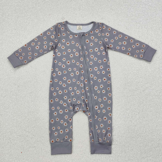 Flower print toddle girls grey long sleeve bamboo zip romper