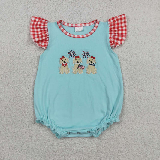 America dog embroidery flag girls summer boutique romper