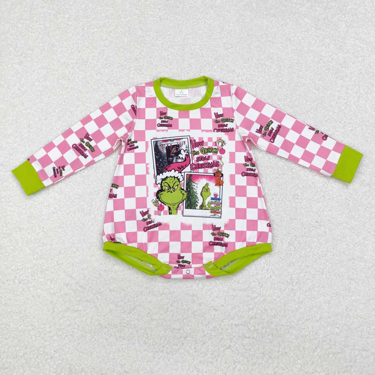 Christmas green face pink checkered long sleeve zip romper