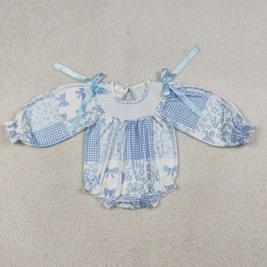 Embroidery Blue bow flowers toddle baby girls romper