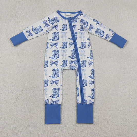 Western boots bow design infant baby long sleeve romper