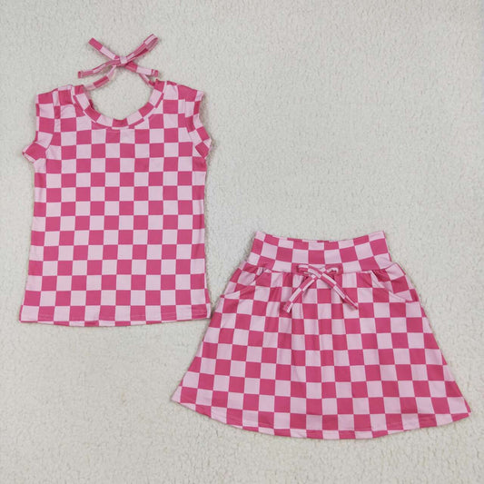 Pink checkered baby girls summer skirt set with shorts