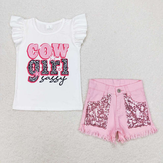 cowgirl sassy shirt pink sequins jeans shorts summer clothes