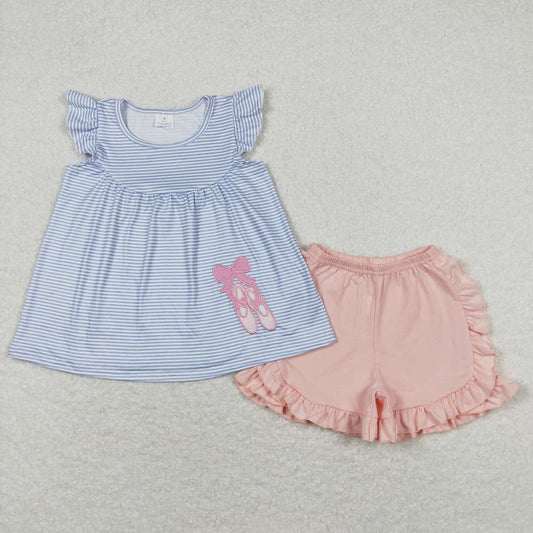 girls embroidery dance shoes top pink ruffle shorts outfit