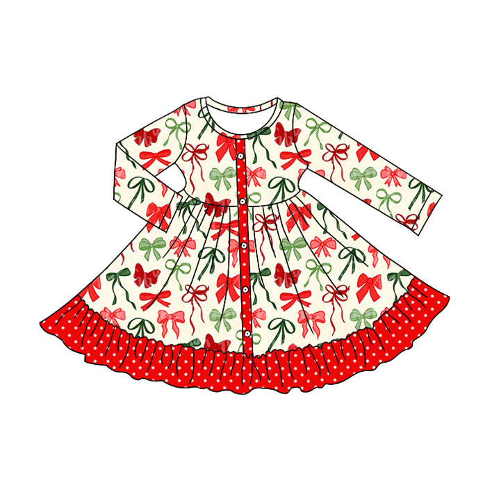 Toddle girls red green bow design long sleeve dress