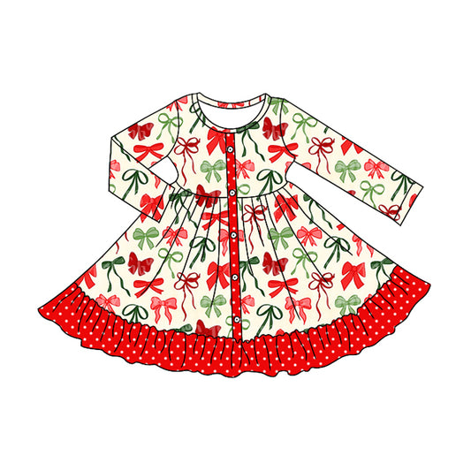 Toddle girls red green bow design long sleeve dress