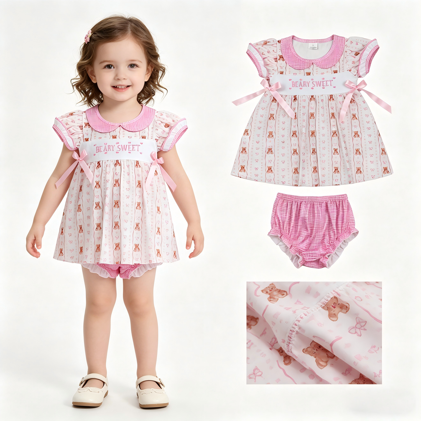 Beary sweet embroidery design girls summer bummies outfit