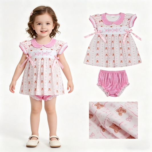 Beary sweet embroidery design girls summer bummies outfit