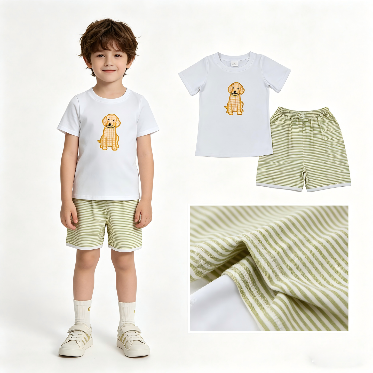 Embroidery Hunting dog short sleeve top matching shorts boy summer outfit
