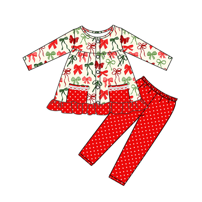 Toddle kids Christmas green red bow fall winter outfit