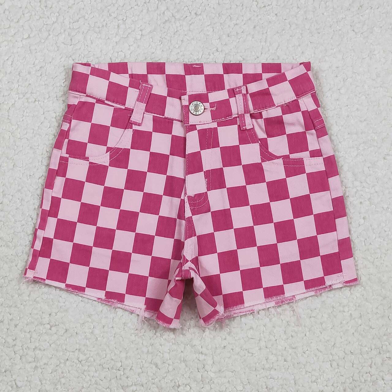 Pink checkered denim jeans shorts