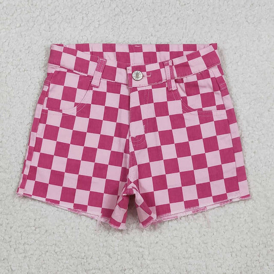 Pink checkered denim jeans shorts