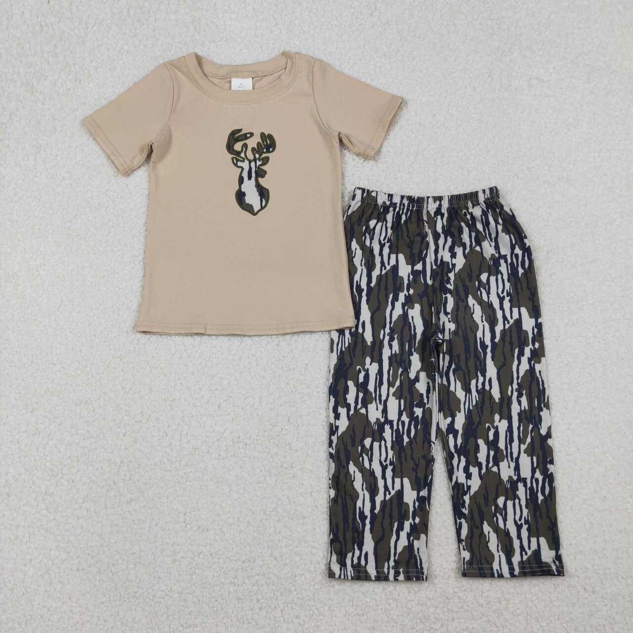 Embroidery Deer camo shirt matching pants design boy short sleeve outfit