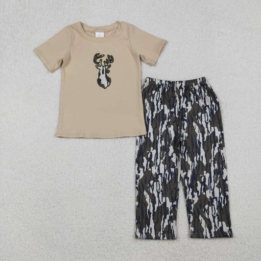 Embroidery Deer camo shirt matching pants design boy short sleeve outfit
