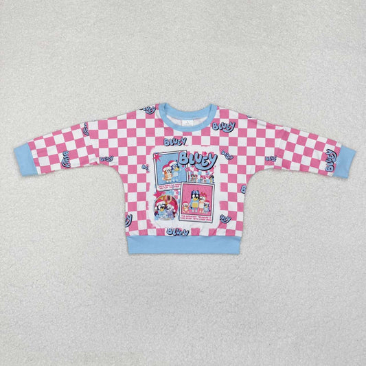 Christmas blue cartoon dog pink checkered long sleeve  top