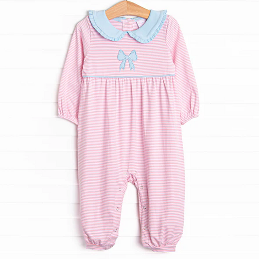 Toddle kids blue bow pink stripes romper