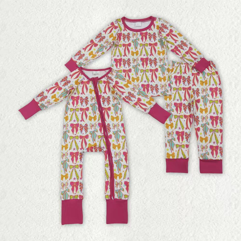 Colorful bows design girls long sleeve matching outfit