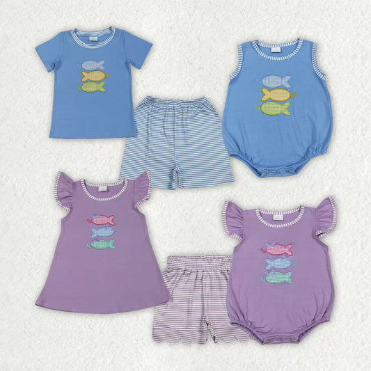 Embroidery Fishing print toddle boy summer outfit