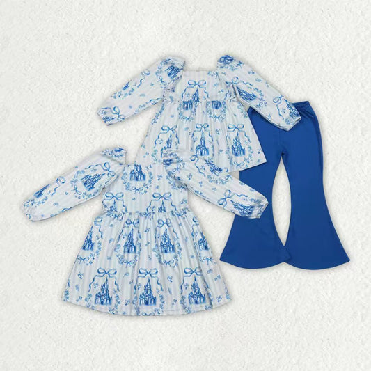 Blue bow castle design kids girls long sleeve outfit