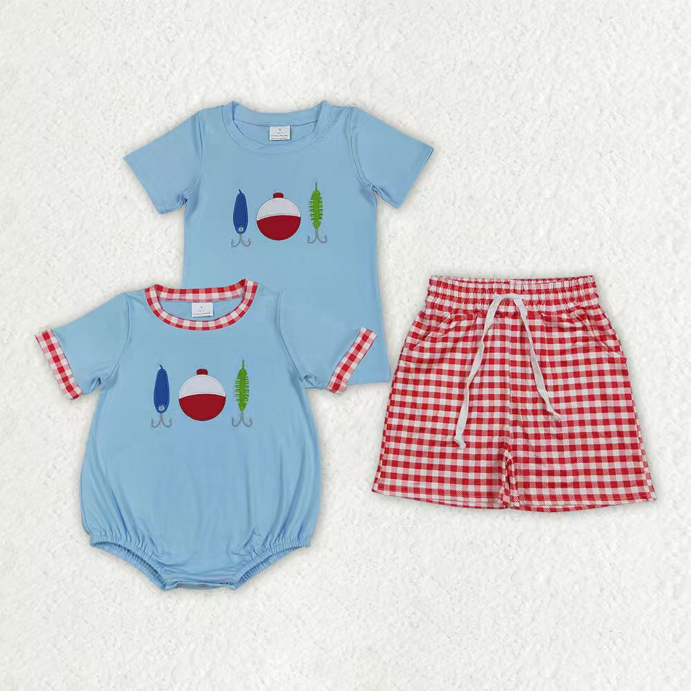 Embroidery Fishing top matching shorts boys summer outfit