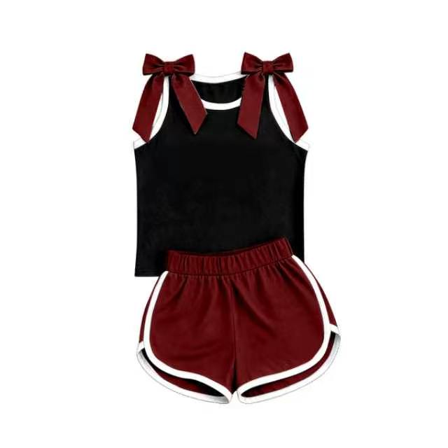 Solid color bow top matching shorts girls summer outfit