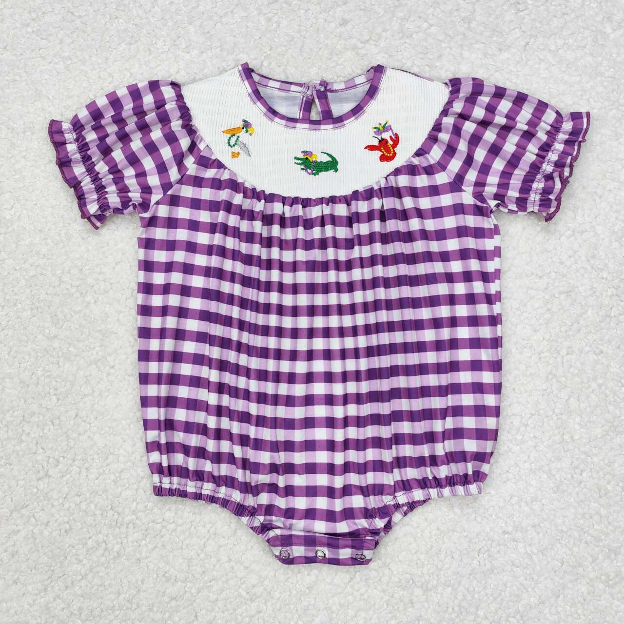 Mardi Gras embroidery crocodile crawfsih short sleeve plaid smocked romper