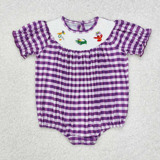 Mardi Gras embroidery crocodile crawfsih short sleeve plaid smocked romper