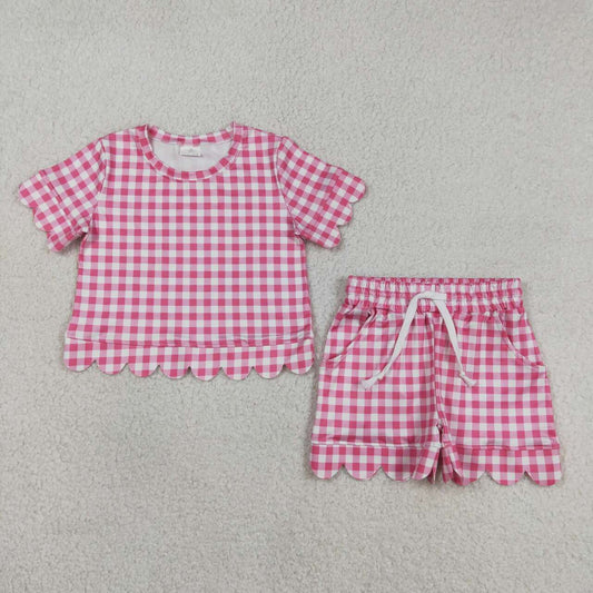 Hot pink plaid color toddle baby girls summer outfit