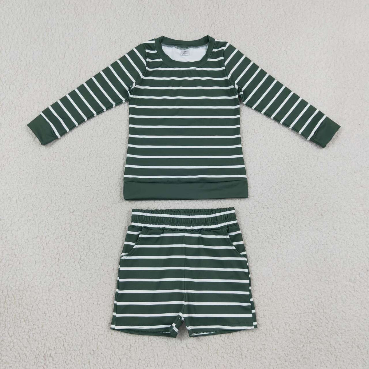 Green stripes long sleeve yoga pullover top matching shorts girls outfit