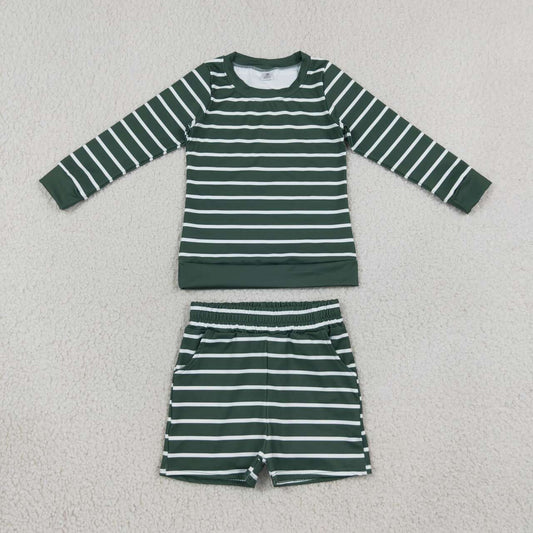 Green stripes long sleeve yoga pullover top matching shorts girls outfit
