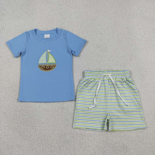 Embroidery Sailboat top matching shorts boy summer outfit