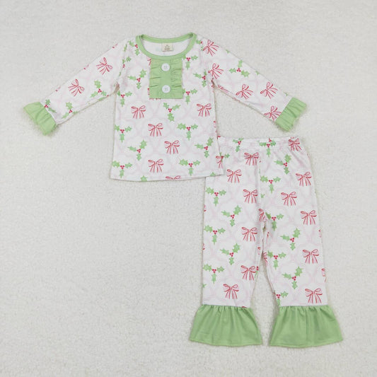 wholesale kids girls christmas holly bow long sleeve bamboo pajama set